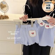 韓國套裝2024女童藍格洋派櫻桃背心襯衫T恤短褲夏季甜美寶寶