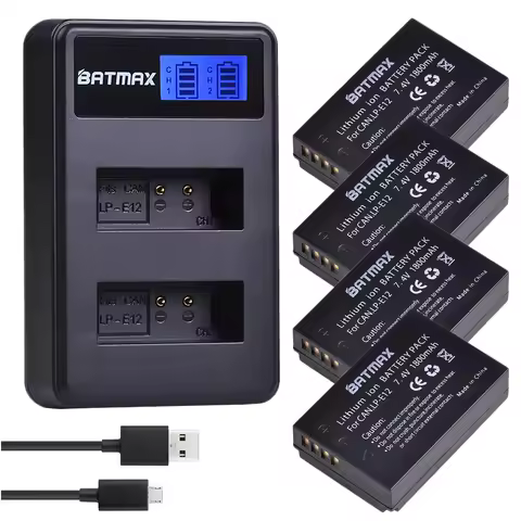 4Pcs 1800mAh LP-E12 LP E12 LPE12 Li-ion Battery + LCD USB Dual Charger for Canon EOS M50, EOS M100,1