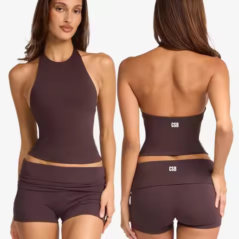 CSB Women Halter Open Back Yoga Tank Top Fold Over Waist Biker Shorts Workout Set for Gym Pilates Tr