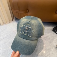 Chrome Hearts Vintage Washed Denim Fringed Embroidered Curved Brim Baseball Cap Sun Hat.DC