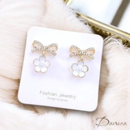 925 Silver Needle Clip-On Earrings Korean Temperament Light Luxury Bow Flower Rhinestone Dangle K941