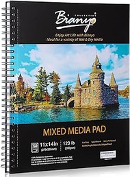 Bianyo Mixed Media Paper Pad, 11" X 14", 60 Sheets/Each, 123 LBS/200 GSM, Spiral-Bound Pad, Micro-Perforated, Ideal for Wet &amp; Dry Media Like Art Marker, Watercolor, Acrylic, Pastel, Pencil, Charcoal