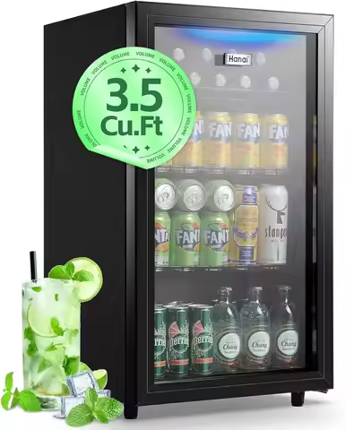 Home Bar and Office, Beverage Refrigerator with Glass, Black, 3.5 Cu.Ft, LED Light, Adjustable Shelv