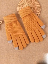 1雙女士加絨加厚防風彈性袖口觸屏針織手套,適用於冬季