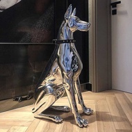 Home Decor Watchdog Chrome Sculpture Doberman Dog Small Size Art Animal Statues Figurine Room Garden