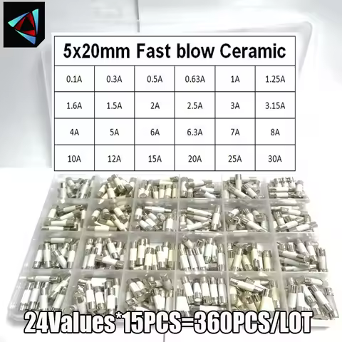 360Pcs/Box 24Values 5*20mm Fast Blow Ceramic Fuse 250V 0.1A 0.25A 0.5A 1A 1.5A 2A 2.5A 3A 3.15A 4A 5