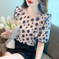 New Fashion Polka Dots Summer Women Blouse Short Sleeve Casual Loose Ruffle Design Round Collar Kore