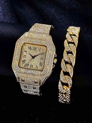 1入組優雅和豪華女士不銹鋼手錶帶方形羅馬數字和水鑽裝飾用品和1入組嘻哈水鑽裝飾手環