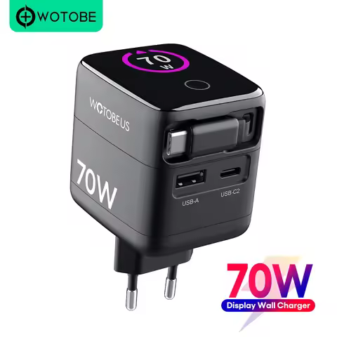 WOTOBE 70W GaN USB-C Wall Charger With Retractable Cable,AI Digital Display Fast Charging PD 65W PPS