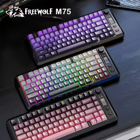 FREEWOLF M75 Gaming Wireless Bluetooth Keyboard Dual Mode with Display Screen Knobs PBT Gradient Key