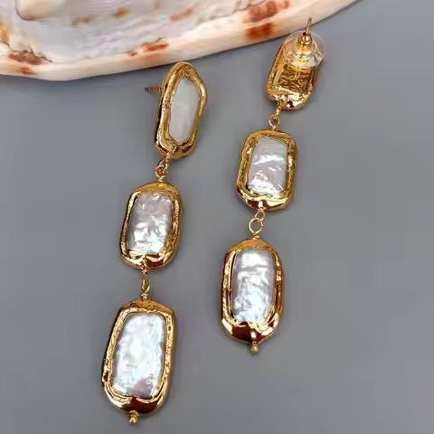 KKGEM 3.1" Natural White Biwa Pearl with gold plated edge Freshwater Cultured Dangle Wrap Stud Earri