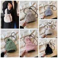 LRNWFT Solid Color Plush Bucket Bag Niche Design Korean Style Faux Rabbit Fur Handbag Sweet Tote Bag Small Phone Bag Women
