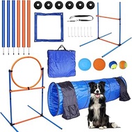Dog Agility Training Equipment Set Outdoor Indoor, Tire Jump + Hurdle Jump, Tunnel, Weave Poles w/St