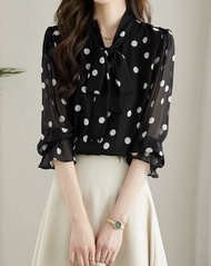 Áo Sơ Mi trung niên nữ HT Store_Áo Sơ Mi Nữ Chấm Bi To Tay Dài Cổ Nơ