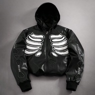 Manfinity Streetrush Men's Long Sleeve Gothic Skeleton Embroidered PU Zip-Up PU Leather Hooded Jacke