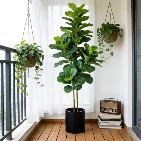 64/122cm Large Fake Ficus Tree Artificial Oak Plant Tropical Fiddle Fig Tree Plastic Banyan Leafs Fo