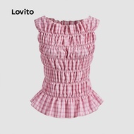 折扣活动 Lovito波西米亚风可爱上衣，格子图案褶皱夏季/春季女式背心 L125AD139 Lovito波西米亚风可爱衬衫，格子图案褶皱背心，夏季/花卉季节女式 L125AD139