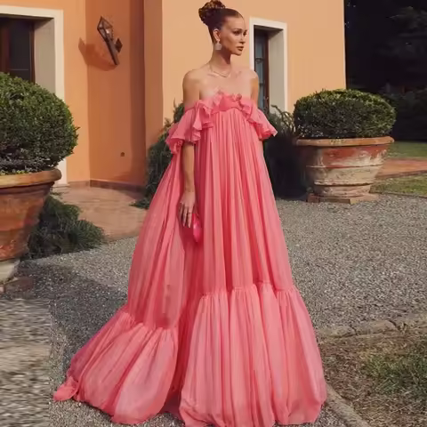 Light Pink A-line Chiffon Ruffled Short Sleeve Woman Clothes Long Birthday Dress For Event Ever Pret