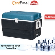 Igloo Maxcold 50 QT Cooler Box made in USA - Jet Carbon/Ice Blue/White | lid holds ice up to 5 days