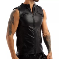 ผู้ชายเซ็กซี่แขนกุดเสื้อหนังชายเสื้อกั๊กหนังเงา S-7XL Mens Shiny Soft Leather Sleeveless Shirts Plus