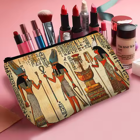Egyptian Pharaoh God Hieroglyphs Makeup Bag Polyester Casual Cosmetic Pouch with Zipper Closure, Anc