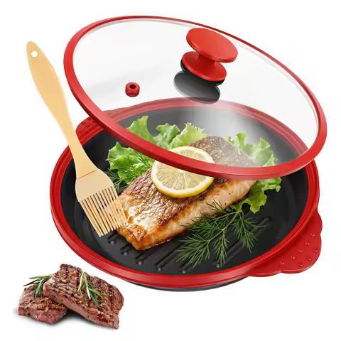 Microwave Grill Pan with Lid 800ml/27.05oz Grill Meat Pan Aluminum Coating for Grilling Browning Cri