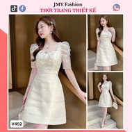 V452 tafta cream dress with embossed flower chiffon dress [TH Ha Thanh] square neck cream dress with