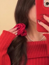 女士紅色蕾絲髮箍和彈性髮圈套裝，適用於新年節日，適合濃密髮質，批發波希米亞風格