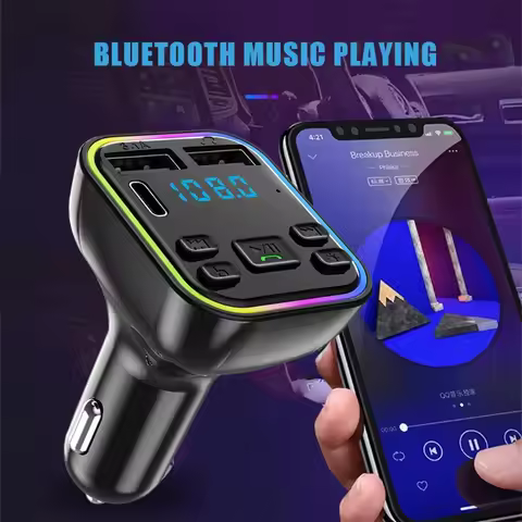 Car FM Transmitter Bluetooth 5.0 MP3 Player PD Type-C Dual USB 3.1A Fast Charger Colorful Light Hand