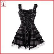 fulaide Steampunk Plaid Mini Dress for Women Lace Up Sleeveless A-Line Dress Medieval Renaissance Co