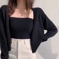 cardigan+ camisole set casual tops fashion long sleeve cardigan knit top 外套背心两件套女