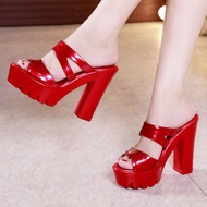 Ultra high heels thick heels and sandals for women in 2023. New style for external wear: patent leat