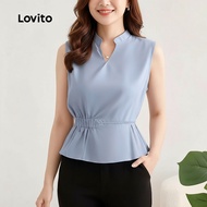 (Fashion-4) Lovito Casual Blouse Lace Up Spring/summer Blue Blouse for Women L142ED657