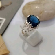 925 Pure Silver Men's Batik Design Ring With 10x12mm Dark Blue CZ Stone. Cincin Perak Lelaki Dengan Batu Permata Zircon