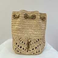 YSL草編金釦束口水桶包