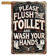 2D Flat Wall Decor Vintage Wooden Bathroom Sign, 7.87" X 5.9", Funny Toilet Flush & Wash Hands Sign,