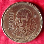922大型墨西哥1989年胡安娜修女1000披索銅幣乙枚。31mm.。（保真。稀少。美品）。