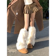 Y2k Winter Thickened Warm Plush Leg Cover Female Laced-Up Bow Fur Leggings Socks Snow Boots Pile Soc