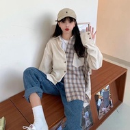 Wanita Jahitan Kemeja Kotak-Kotak Fashion Korea Retro Longgar Kasual Korduroi Jaket Lengan Panjang
