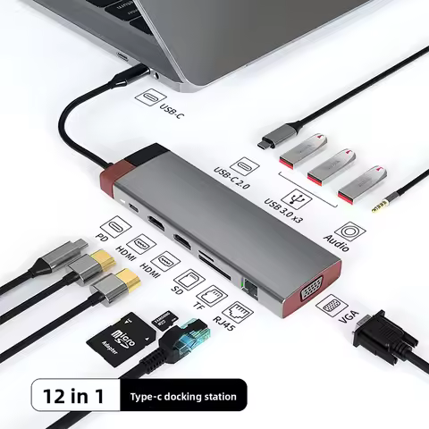 Multi-port USB C Hub 12-in-1 Type C Adapter with 4K HDMI VGA RJ45 PD Charging USB 3.0/2.0, SD/TF 3.5