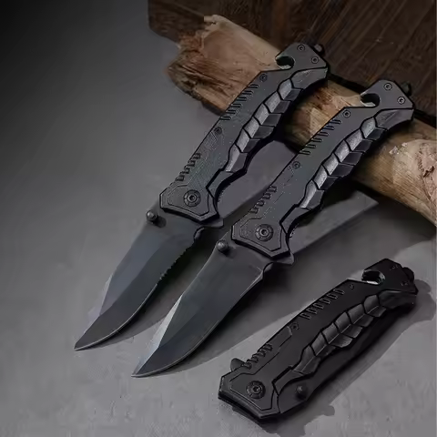 Portable Folding Knife with Back Clip Plastic Handle Stainless Steel Blade Outdoor Camping Cutting T