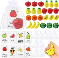 Outus 24 Sets Inspirational Fruit Squishy Stress Balls Gifts Squeeze with Cute Fruits Cards for Simulation Stress Relief Strawberry Hand Toy Anxiety Balls Gift Bags for Employee School Office Favors