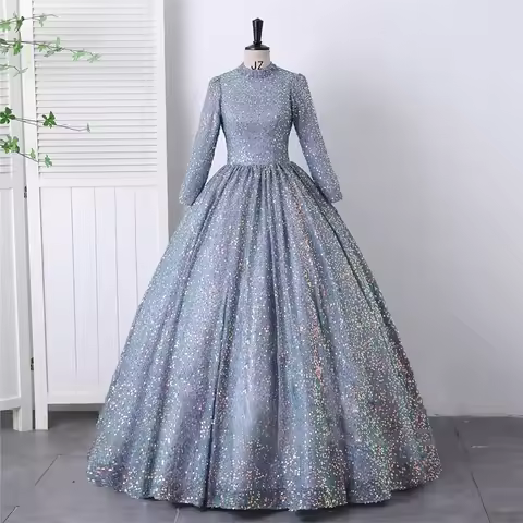 High-neck Evening Gown with Sequins for A High-end Stage Solo Performance Dress Vocal Arts Audition 