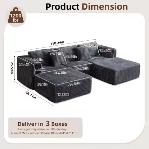 Modular Sectional Couch with 2 Movable Ottoman, Cloud Sofa Couches for Living Room, U Shaped Deep Se