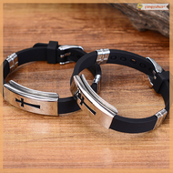 yangyuhua Men Fashion Silver Cross Stainless Steel Black Rubber Bracelet Bangle Wristband