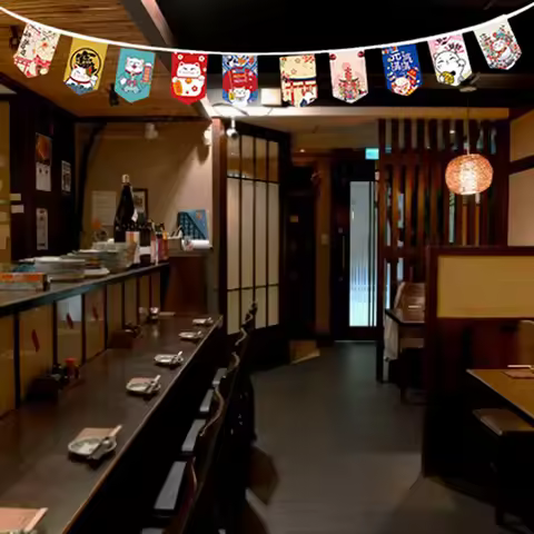 Japanese Style Lucky Cat Hanging String Flag Sushi Restaurant Bunting Banners Izakaya House Birthday