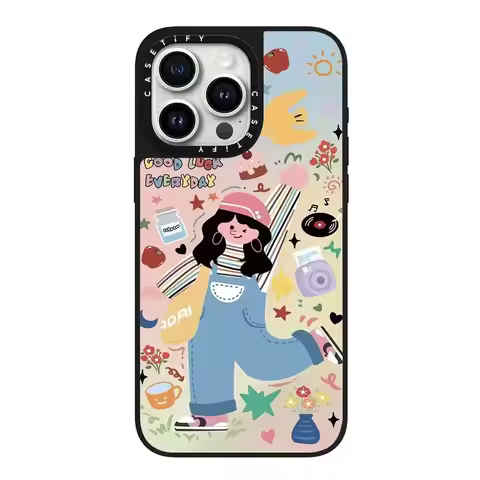 Joyful Lucky Doodle Girl Mirror Design Phone Case for iPhone 15 pro Max Compatible for iPhone 14 pro