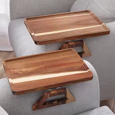 2 Pack Acacia Wood Couch Arm Tray, Folding Sofa Armrest Table for Drinks, Snacks, Phone
