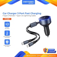 Vention Car Charger 3 Port Type C Female + Type C/Lightning Cable 30W + 30W/27W Fast Charging Max Po