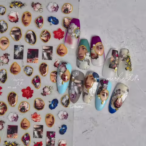 Vintage Oil Painting Design 5D Embossed Relief Self Adhesive Nail Art Decorations Stickers Retro 3D 